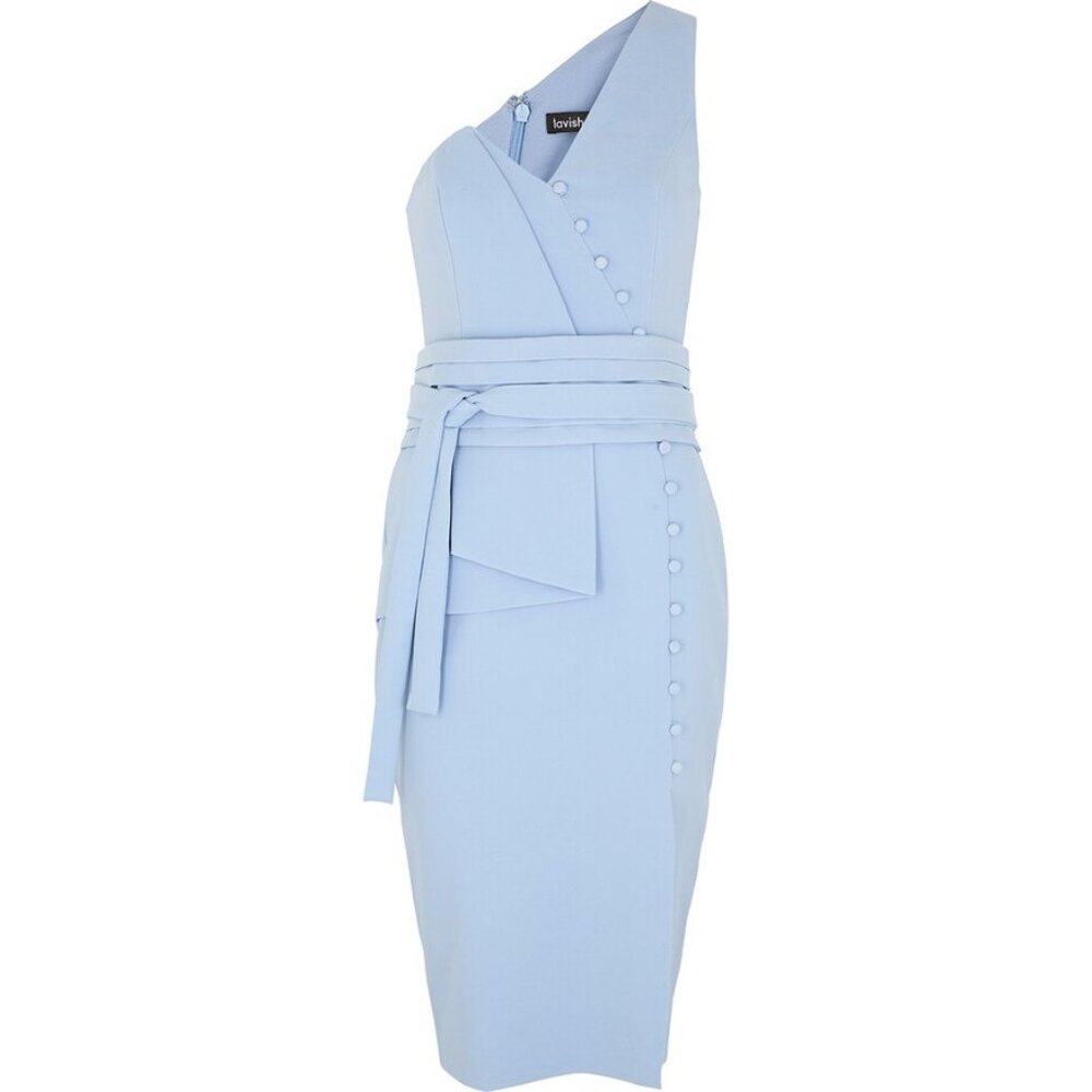 NWT Lavish Alice US Plus Size 22 Blue One Shoulder Midi Dress with Waist Tie NEW